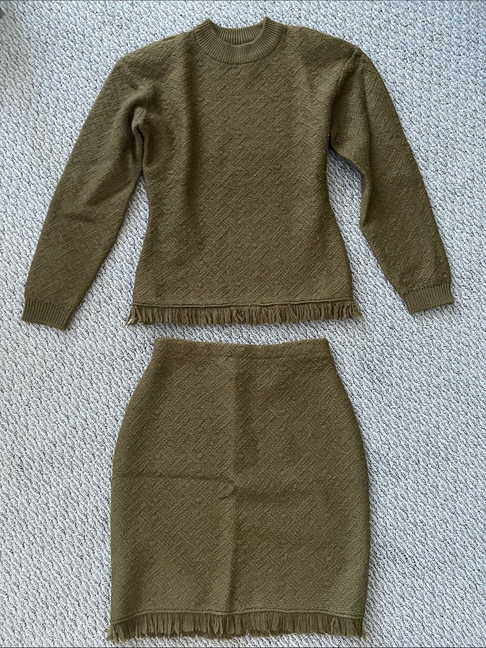 Vintage Paul Alexander Olive Knit  Fringe Hem Women's Skirt and Sweater